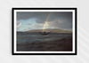 Colours With Colour, a colour photographic print of a surfer saluting a rainbow in Scotland in a black frame.