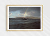 Colours With Colour, a colour photographic print of a surfer saluting a rainbow in Scotland in a wood frame.