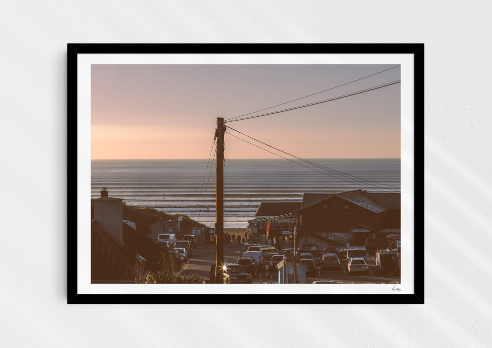 Looking At You Back At Me, a colour photographic print of the drive to Saunton Sands, Devon in a black frame.