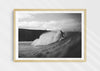 Nowhere To Hide, a black-and-white photo print of a surfer on a wave in Porthtowan, Cornwall in a wood frame.