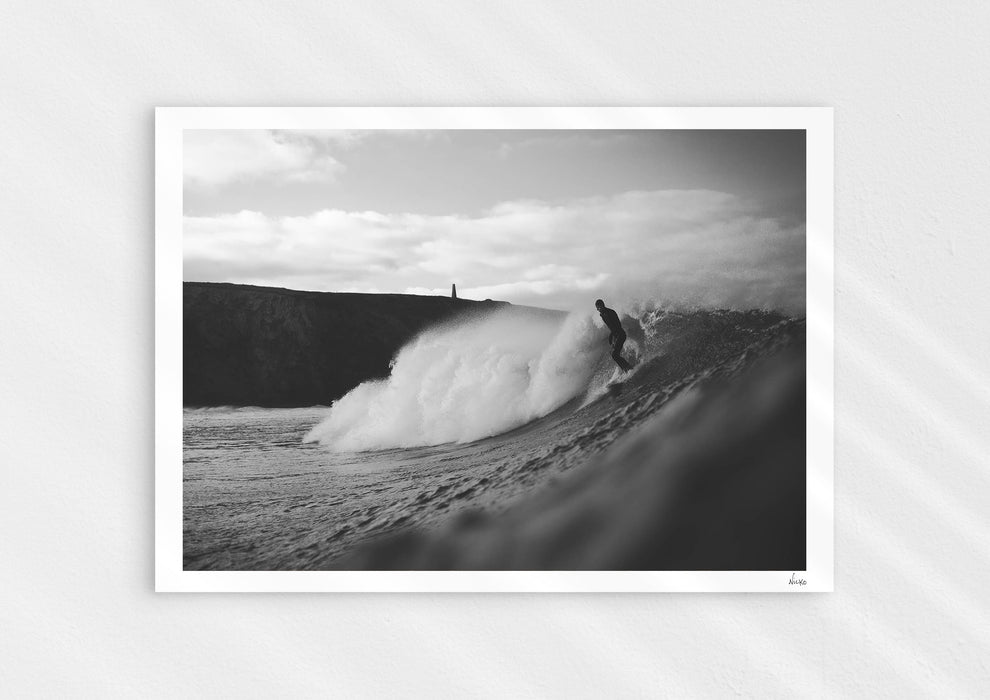 Nowhere To Hide, a black-and-white photo print of a surfer on a wave in Porthtowan, Cornwall.