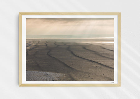 Splice Your Lines, a colour photographic print of lines of swell at Saunton Sands in a wood frame.