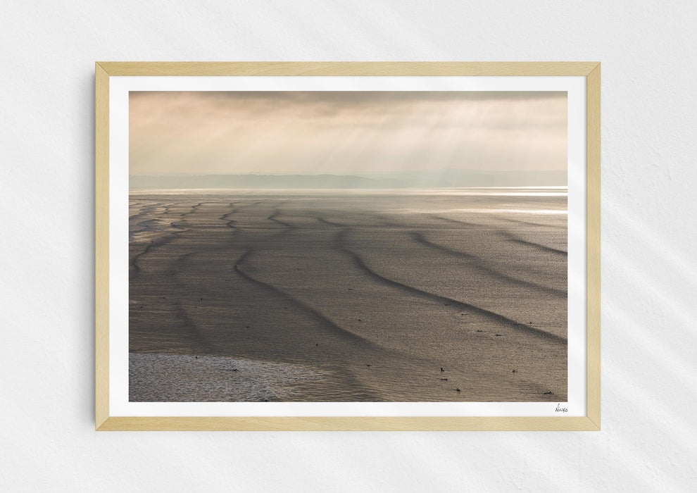 Splice Your Lines, a colour photographic print of lines of swell at Saunton Sands in a wood frame.