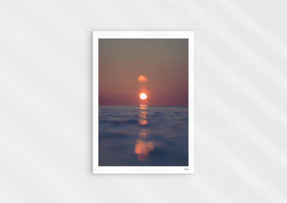 We’ll Meet Again, a colour photographic print of a bird and sunset over a calm ocean.