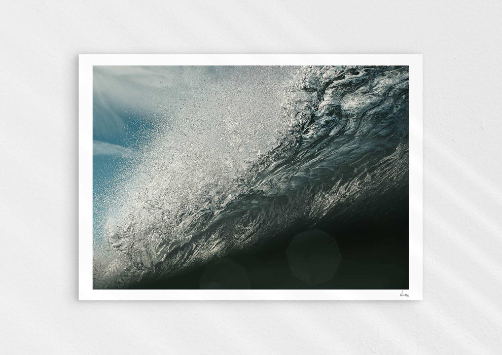 Wild Seductive, a colour photographic print of water droplets suspended over a wave in the Azores.